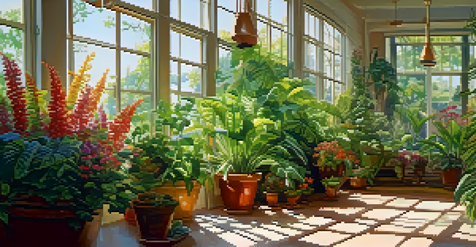 A bright indoor garden with various potted plants and colorful flowers basking in sunlight.