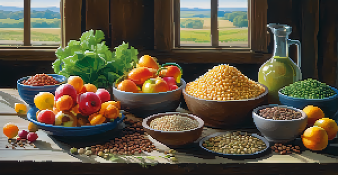 A beautifully arranged spread of colorful raw foods on a wooden table under soft sunlight, including fruits, vegetables, nuts, and bowls of sprouted lentils and quinoa.