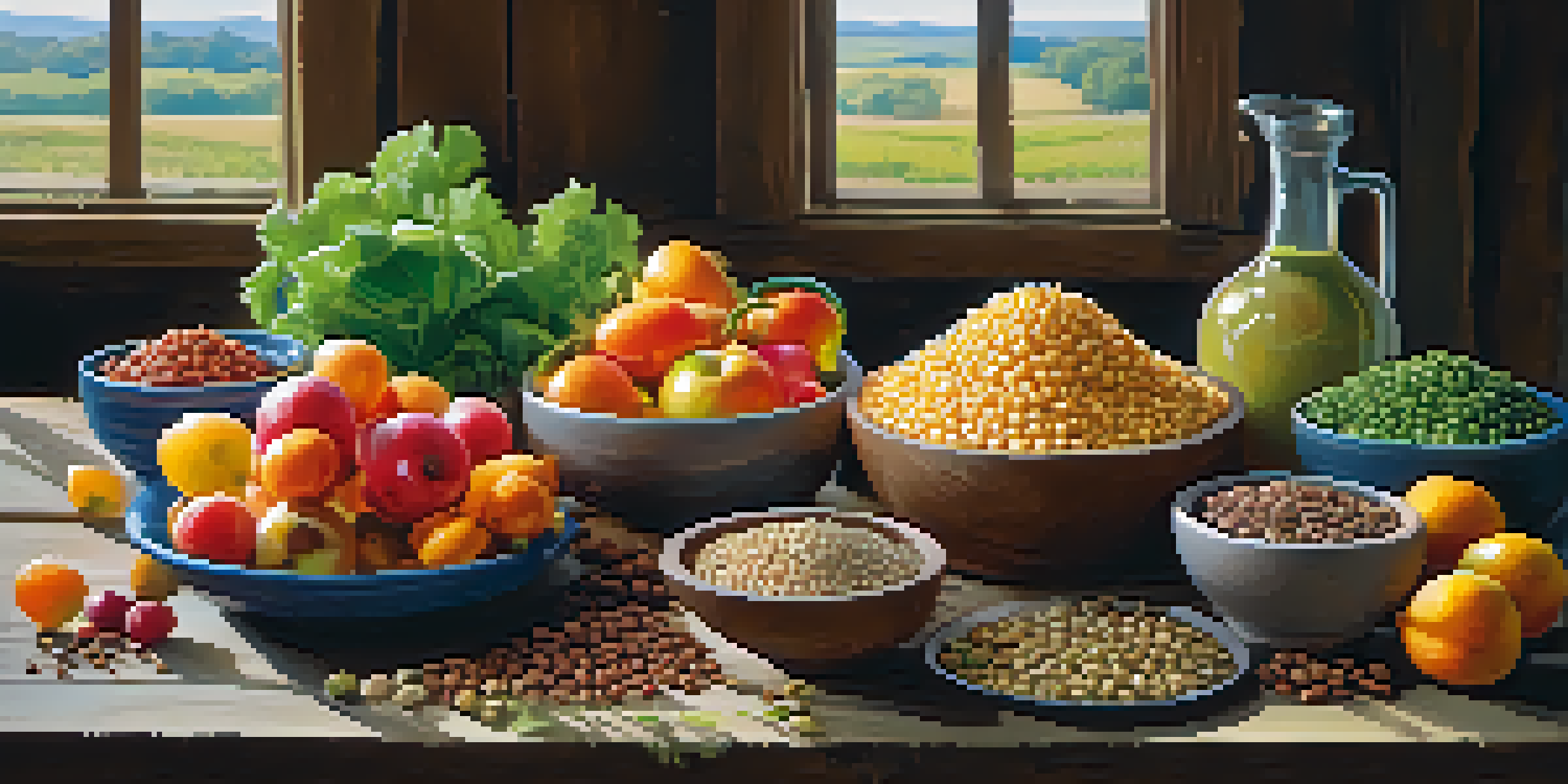 A beautifully arranged spread of colorful raw foods on a wooden table under soft sunlight, including fruits, vegetables, nuts, and bowls of sprouted lentils and quinoa.