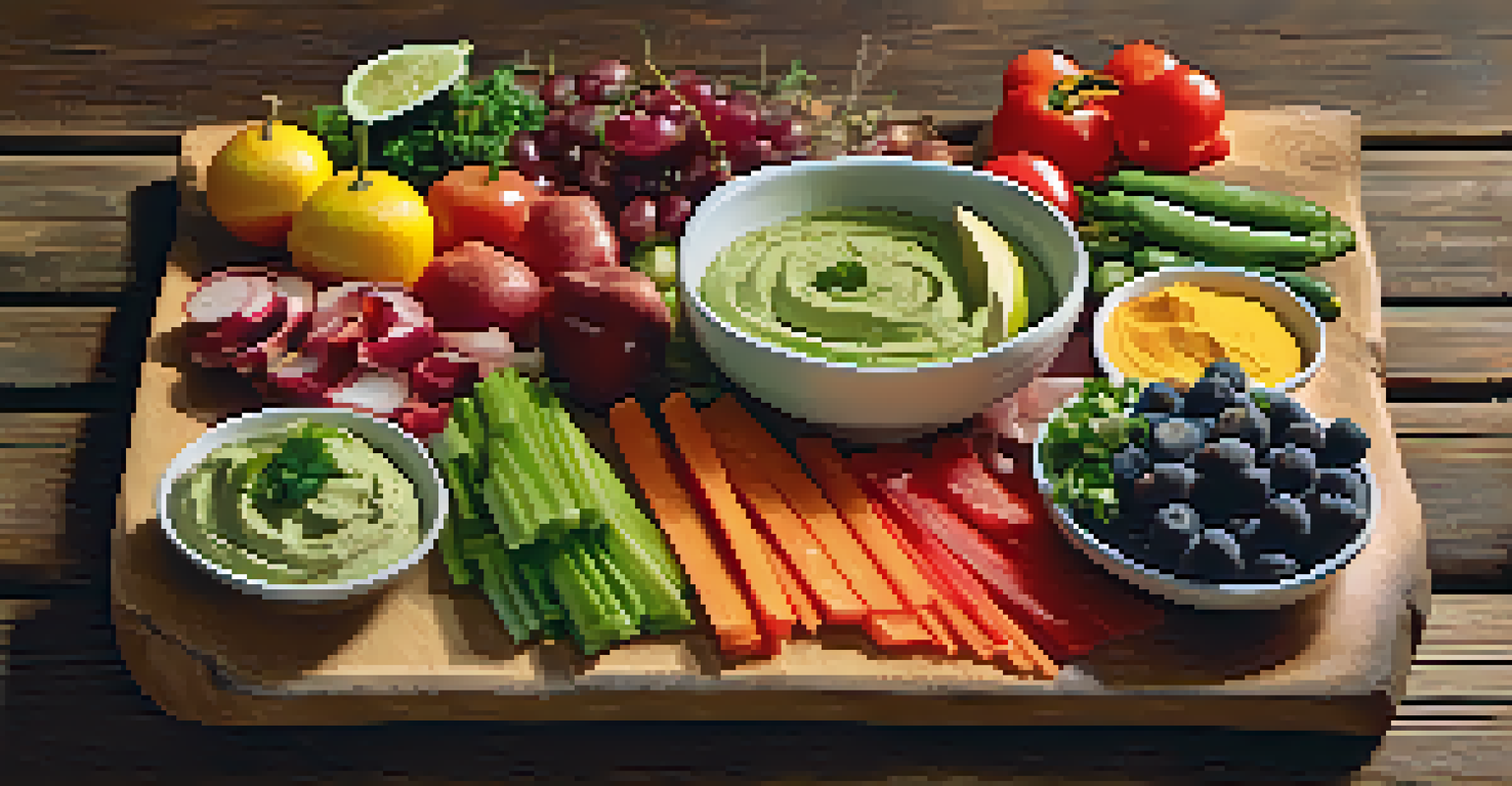 A close-up of a raw food platter featuring colorful vegetables, fruits, and dips on a wooden table.