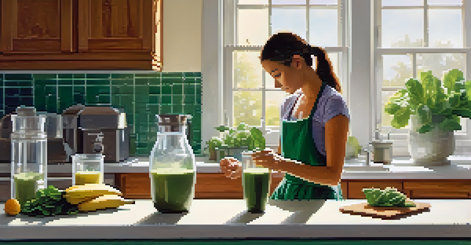 A person blending a smoothie with fresh ingredients in a bright kitchen.
