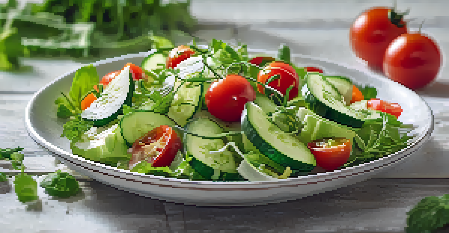 A close-up of a fresh raw salad with cucumbers and tomatoes, lightly dressed and garnished.