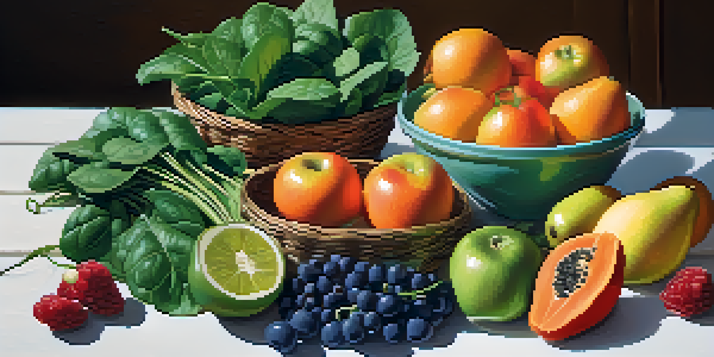 A colorful display of fresh raw fruits and vegetables on a wooden table, illuminated by natural light.