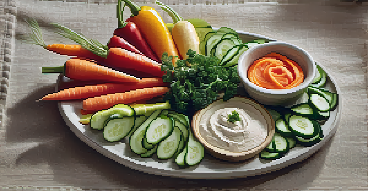 A colorful raw vegetable platter with carrots, cucumbers, and a dip, arranged on a linen tablecloth.
