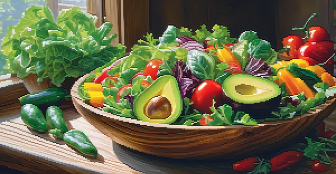 A colorful raw food salad with leafy greens, bell peppers, cherry tomatoes, and sliced avocados in a rustic wooden bowl, illuminated by natural light.