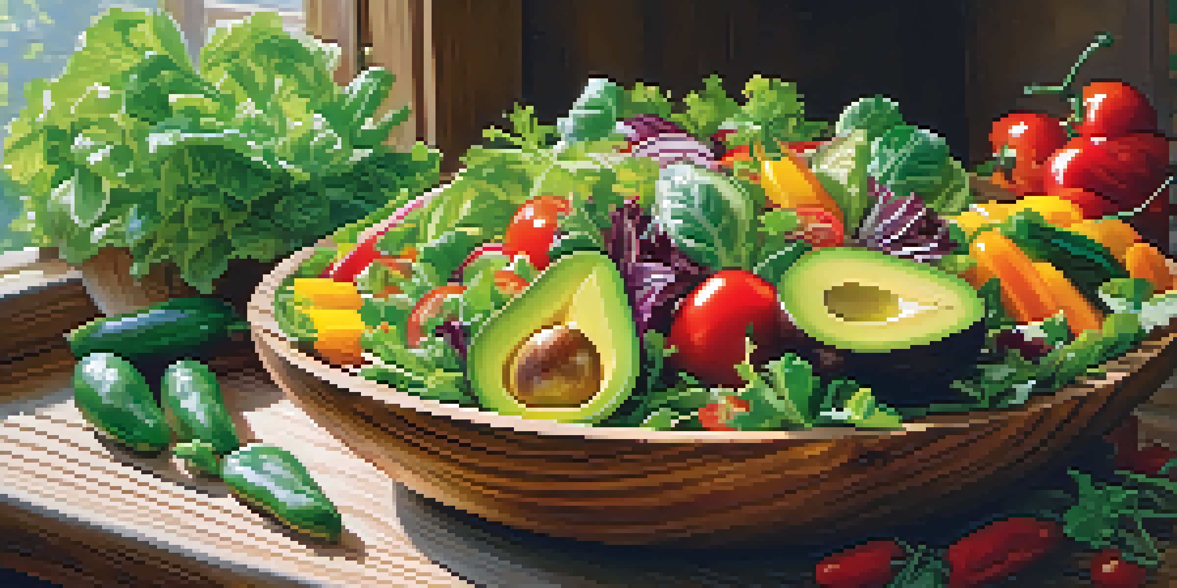 A colorful raw food salad with leafy greens, bell peppers, cherry tomatoes, and sliced avocados in a rustic wooden bowl, illuminated by natural light.