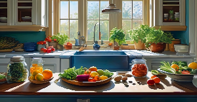A bright kitchen with fresh raw vegetables and fruits on the countertop, highlighting a large salad bowl and jars of nuts and seeds, illuminated by sunlight.