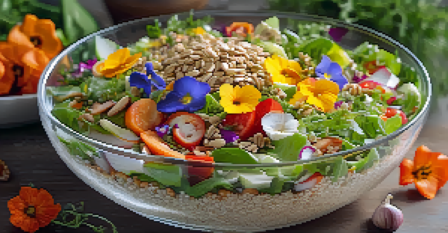 A layered raw food salad in a glass bowl with sprouted grains, vegetables, and edible flowers, topped with a creamy dressing and smoked paprika.