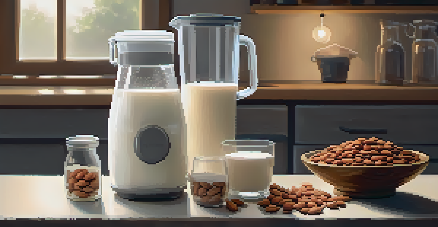 A setup for making nut milk with a blender filled with soaked almonds, a glass jar of almond milk, and a bowl of almonds, softly lit.