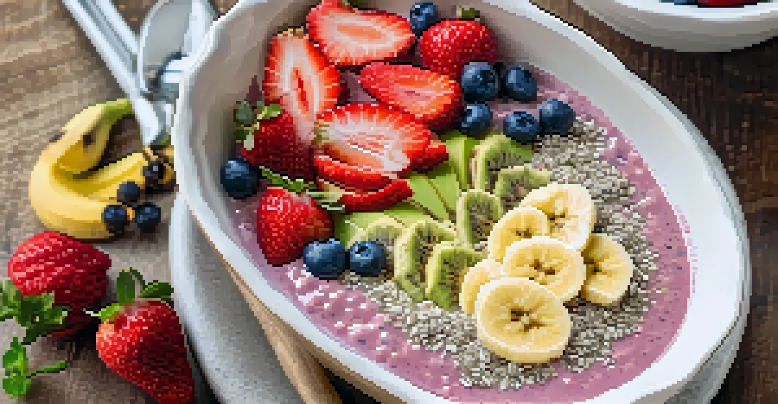 A close-up of a vibrant smoothie bowl topped with banana slices, strawberries, and chia seeds, placed on a rustic kitchen counter with a spoon beside it.