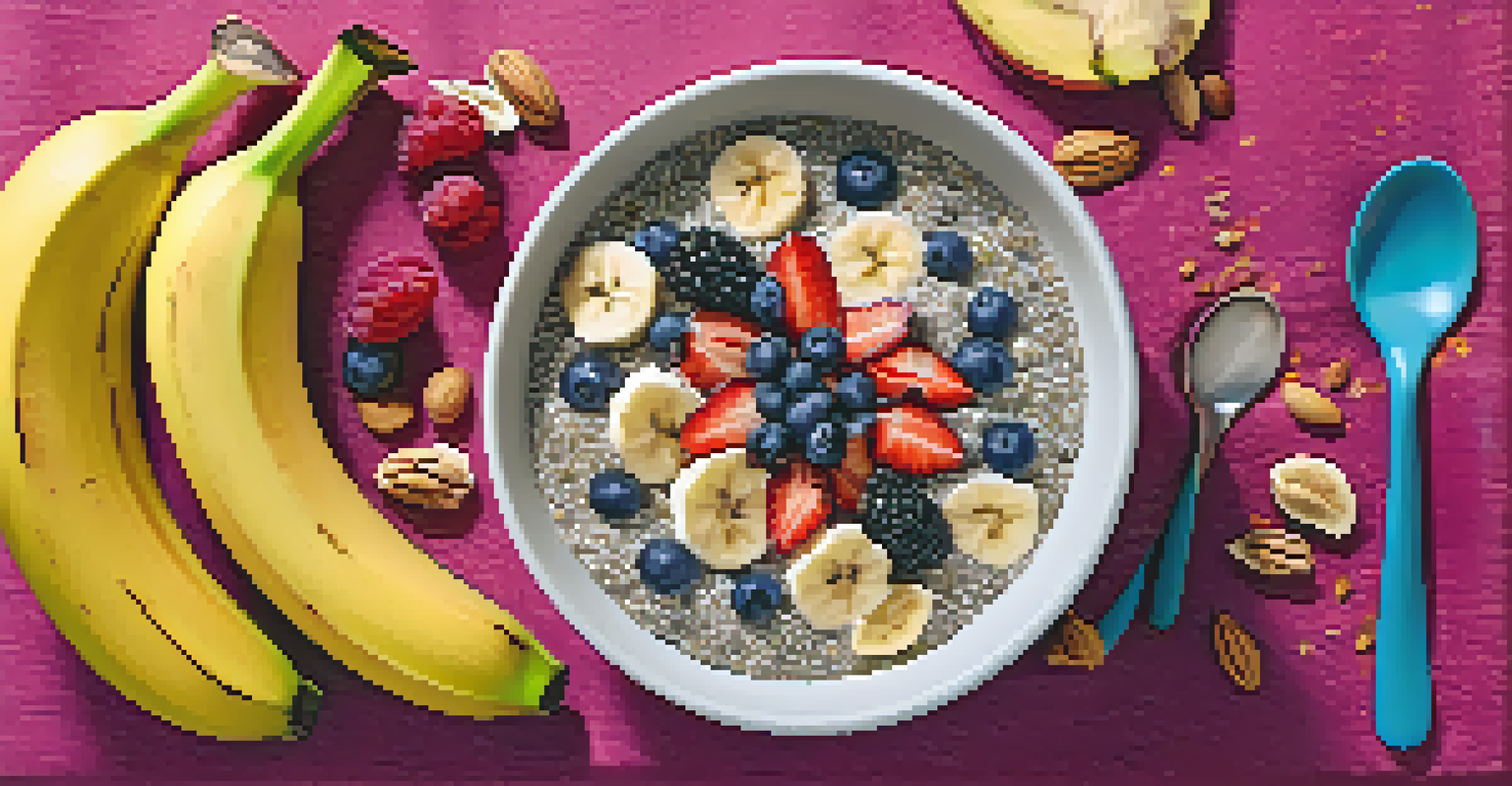 A close-up of a smoothie bowl with sliced bananas, chia seeds, and berries, surrounded by nuts and a spoon on a ceramic plate.