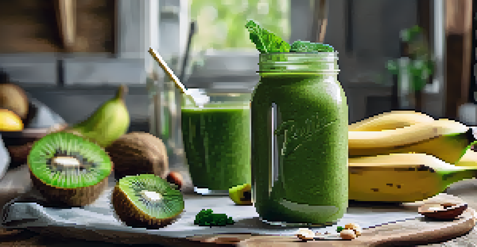 A close-up of a green smoothie topped with kiwi slices and chia seeds, set against a rustic kitchen background.