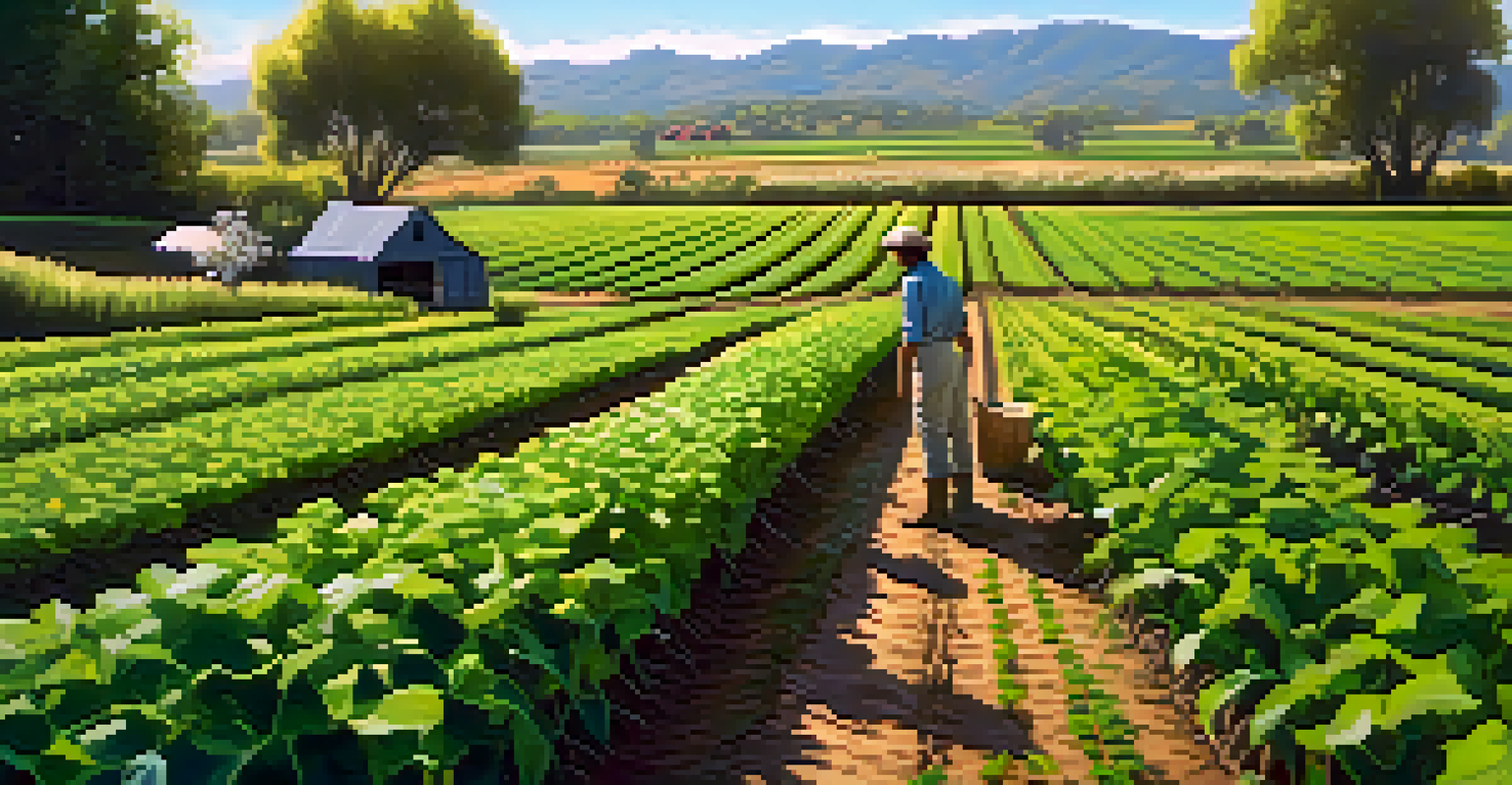 An organic farm with green crops and a farmer using drip irrigation, set against a clear blue sky.