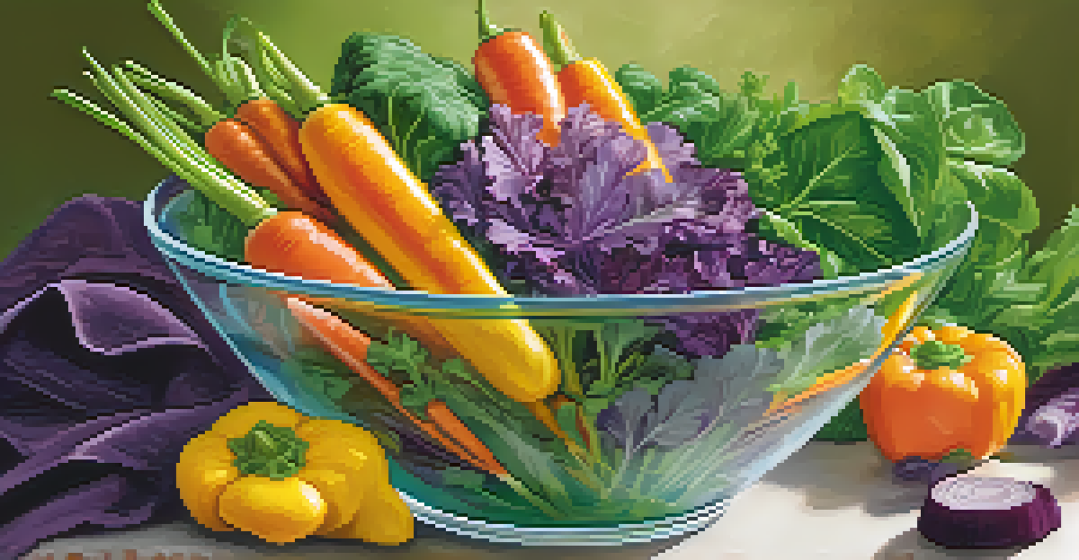 A colorful raw vegetable salad in a clear glass bowl, garnished with herbs and flowers.