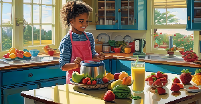 A child happily making a smoothie in a bright kitchen filled with fresh fruits and vegetables.