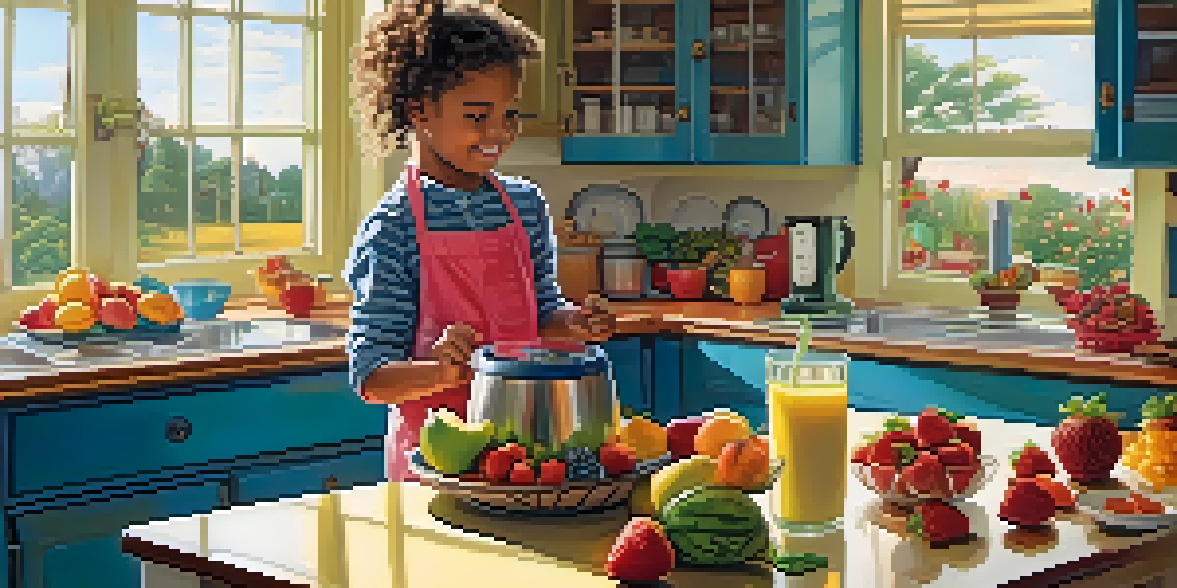 A child happily making a smoothie in a bright kitchen filled with fresh fruits and vegetables.