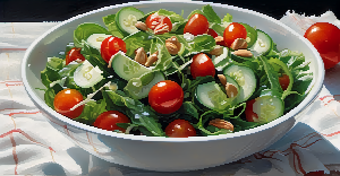 A close-up view of a fresh salad with leafy greens, cherry tomatoes, cucumber, and nuts in a white bowl, illuminated by soft light.