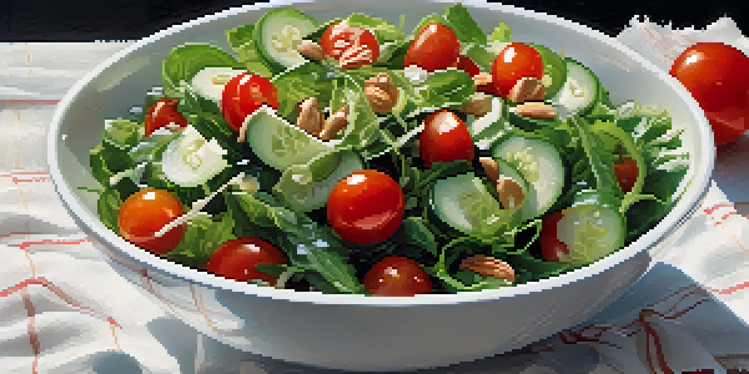 A close-up view of a fresh salad with leafy greens, cherry tomatoes, cucumber, and nuts in a white bowl, illuminated by soft light.