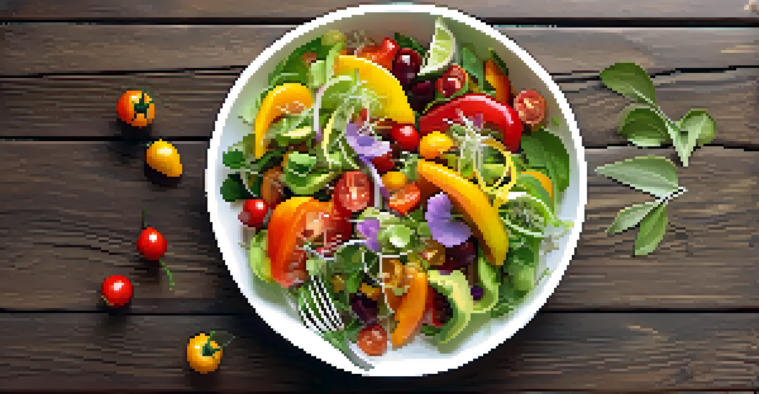 A vibrant raw food salad with various colorful vegetables and edible flowers on a rustic table.