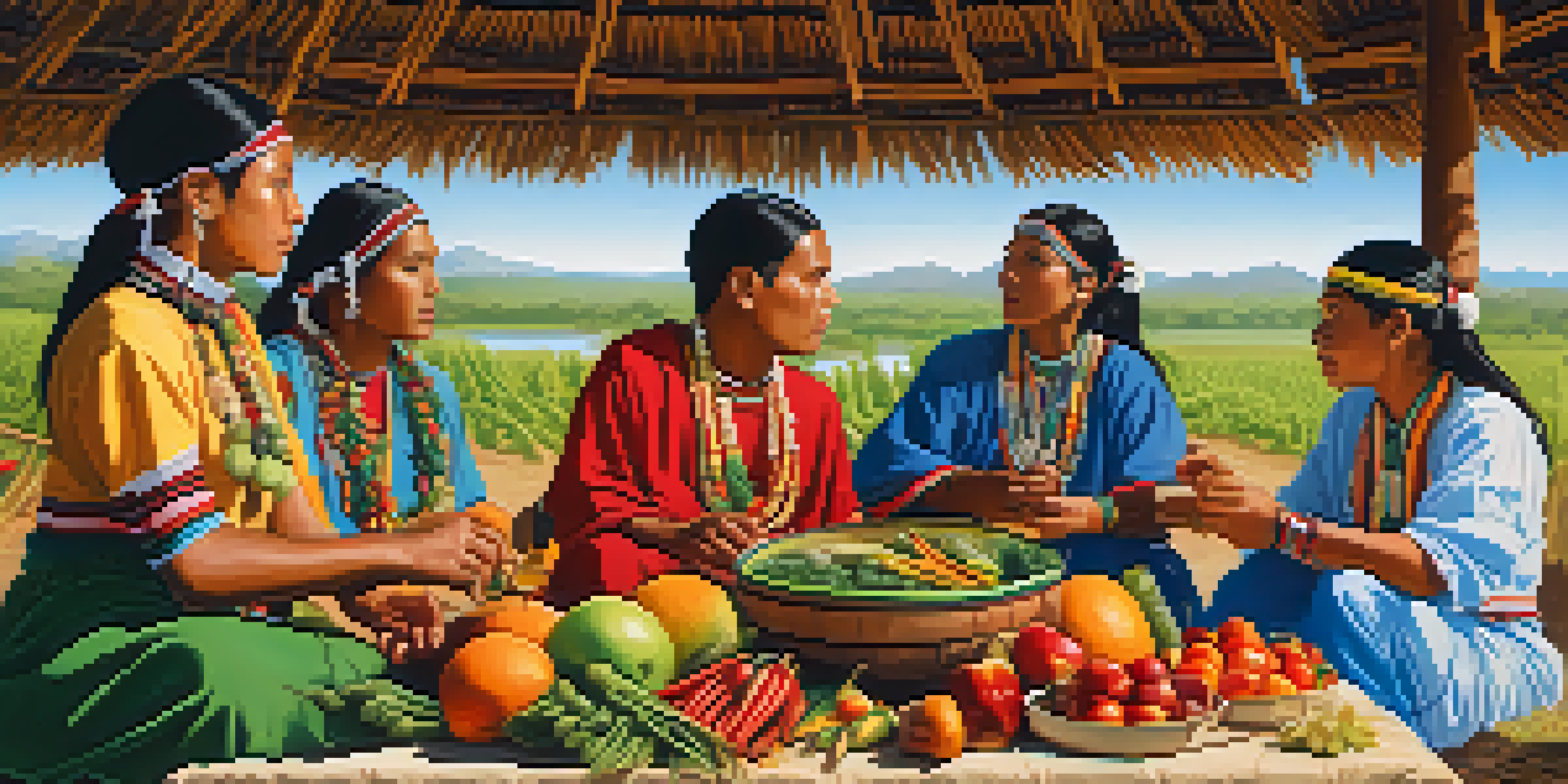 A group of Indigenous people gathering local fruits and vegetables in a lush outdoor setting with clear skies.