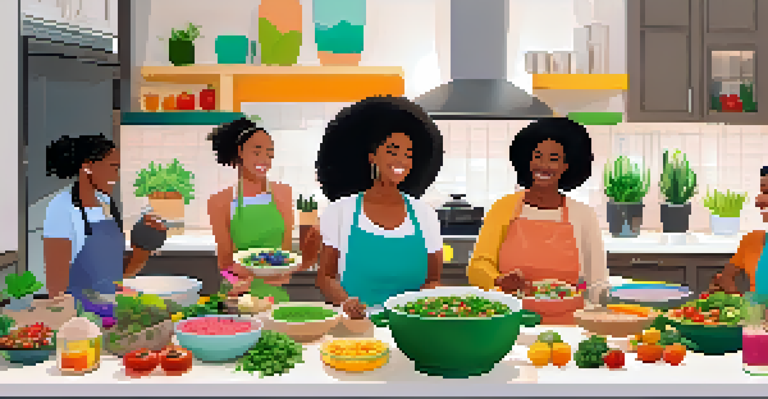 A virtual cooking class with diverse participants in their kitchens, preparing raw food dishes and sharing tips.