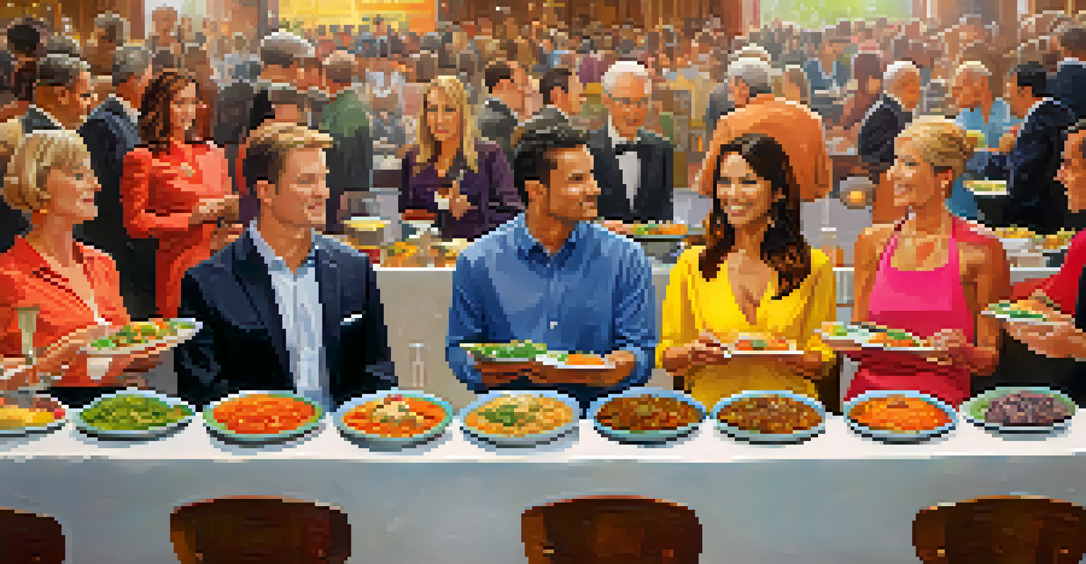 Judges assessing raw food dishes in a competition, with colorful plates and a lively audience in the background.