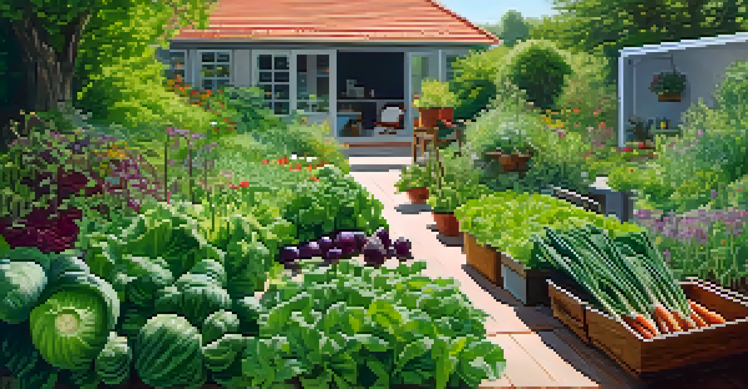 A person tending to a home garden filled with raw vegetables and herbs, surrounded by lush greenery under warm sunlight.