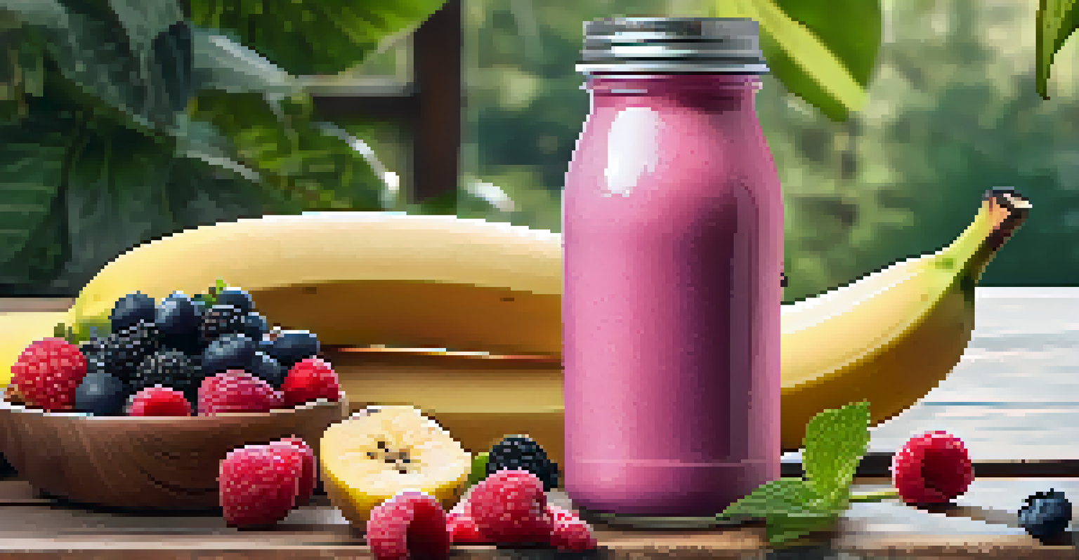 An insulated bottle filled with a pink smoothie made from berries, placed on a wooden table next to a bowl of fresh berries, with a green outdoor background.