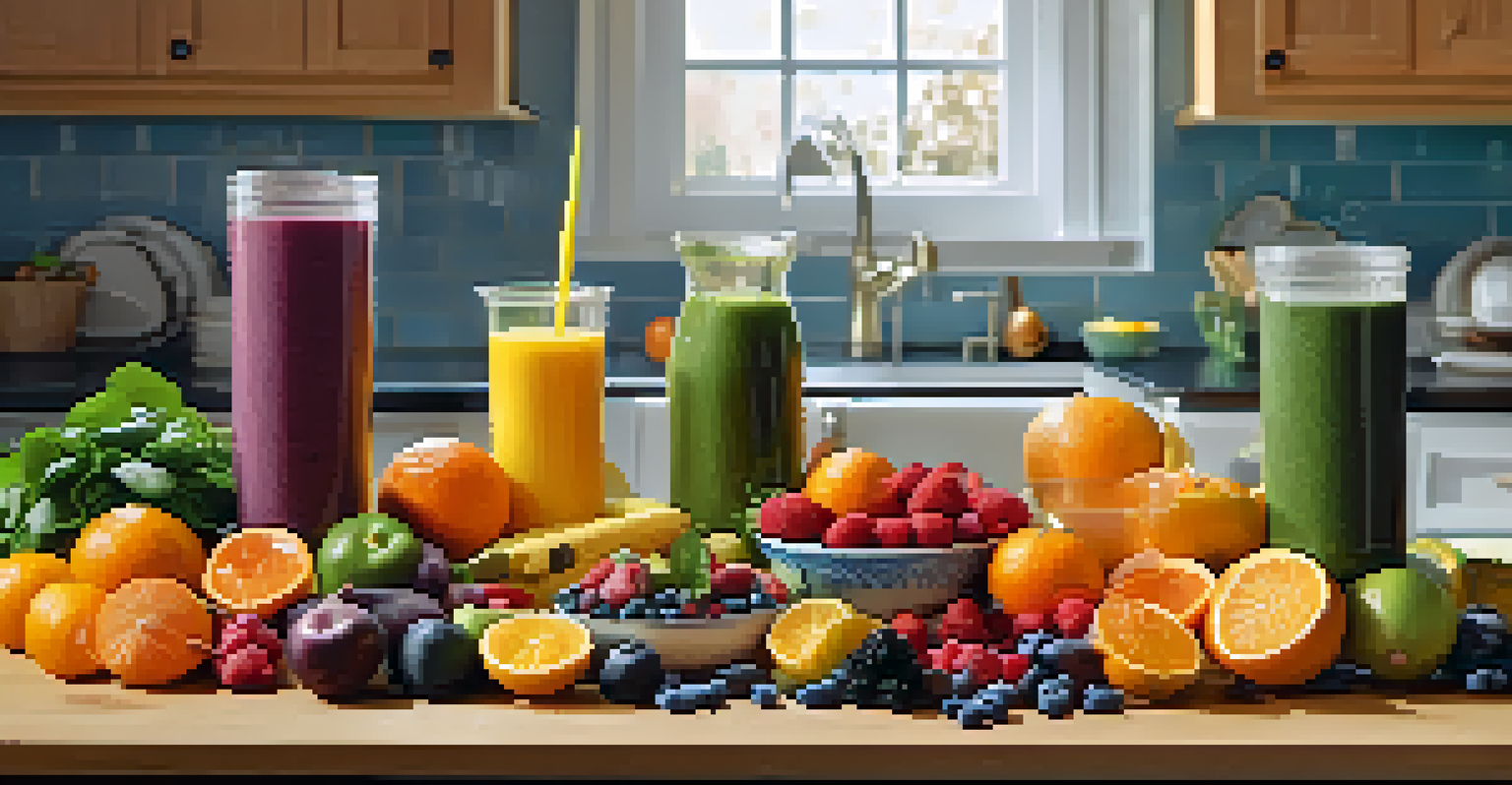A variety of fresh fruits and vegetables for making a smoothie, including oranges, ginger, and spinach, on a kitchen table.
