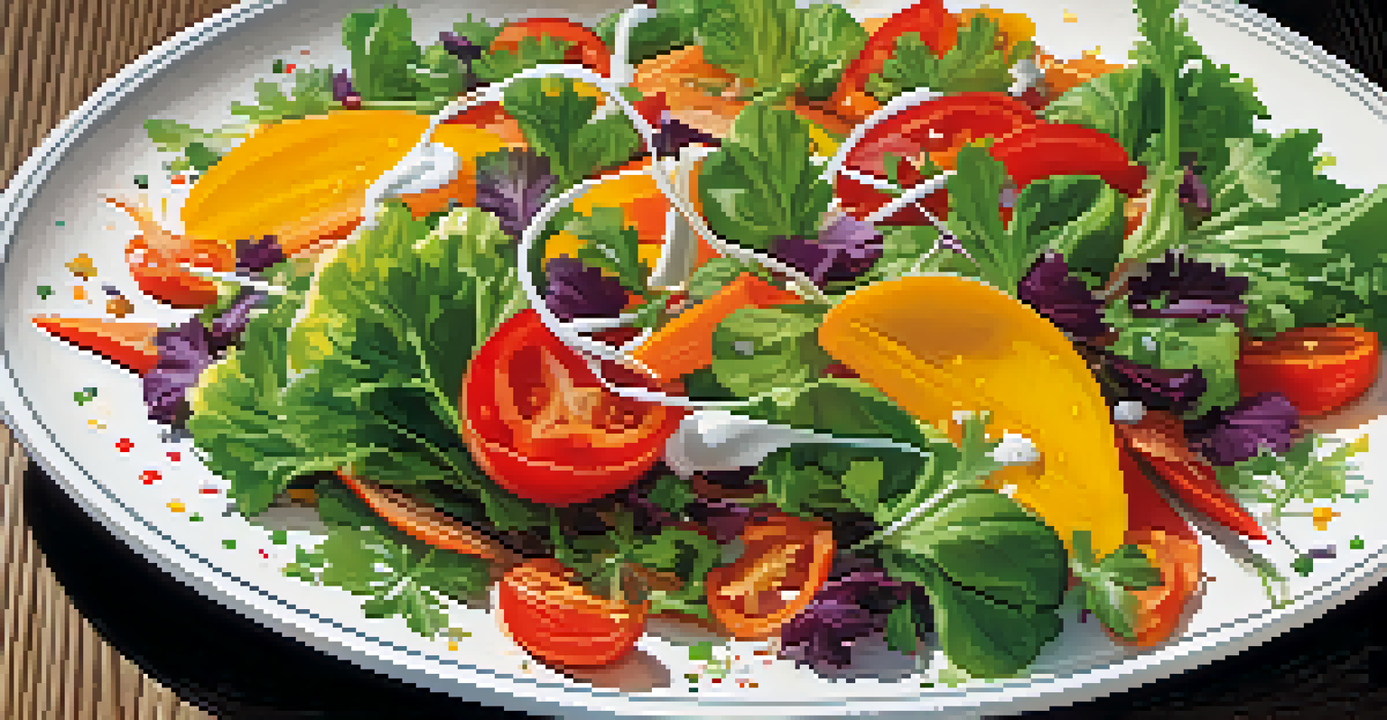A colorful salad with leafy greens, tomatoes, carrots, and bell peppers on a plate, garnished with herbs and olive oil.