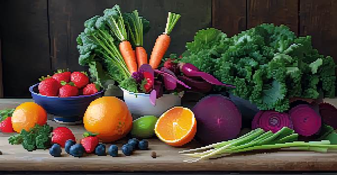 A colorful arrangement of fresh raw fruits and vegetables on a wooden table, including carrots, strawberries, kale, and beetroot with a bowl of hummus.