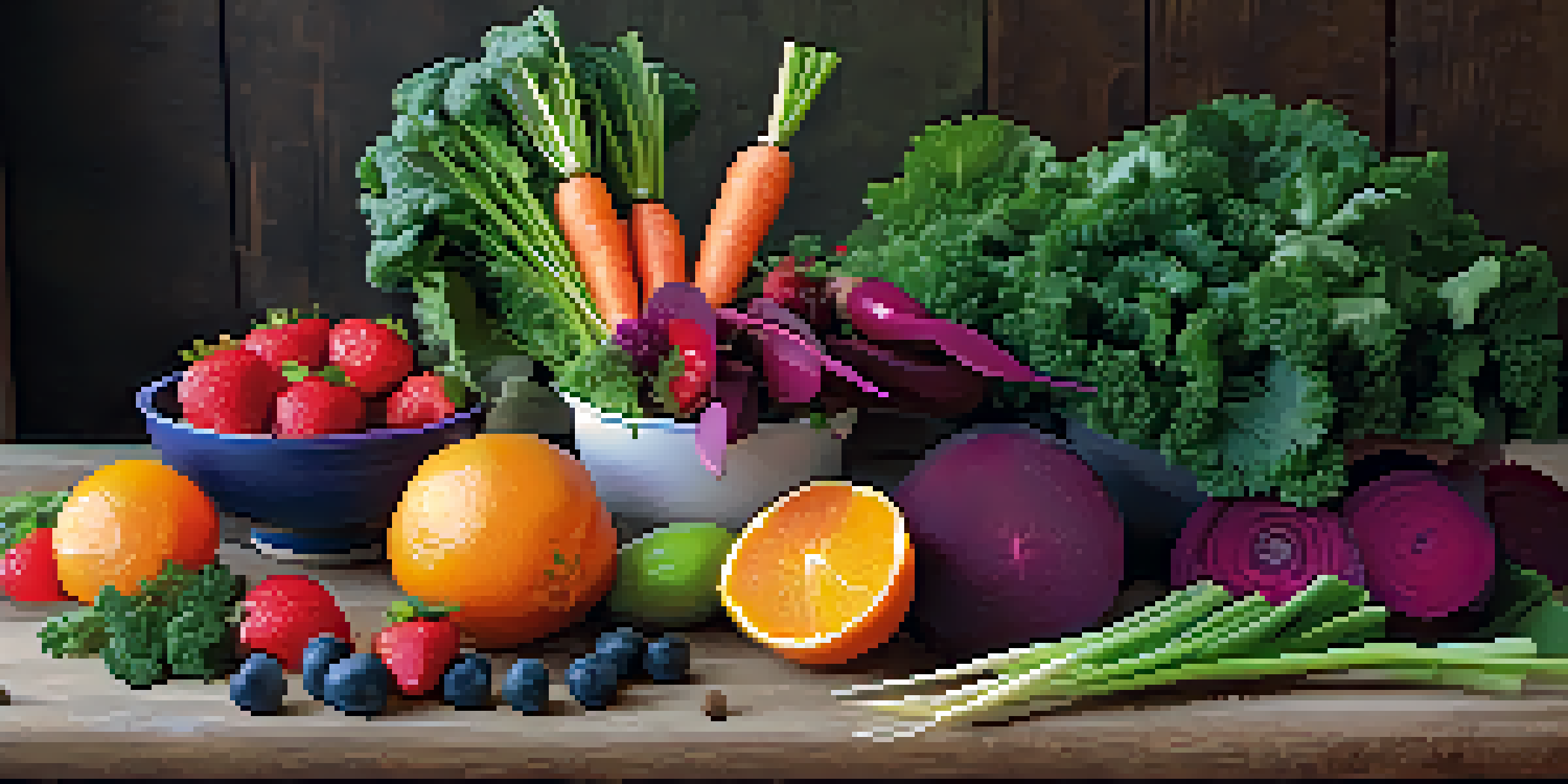 A colorful arrangement of fresh raw fruits and vegetables on a wooden table, including carrots, strawberries, kale, and beetroot with a bowl of hummus.