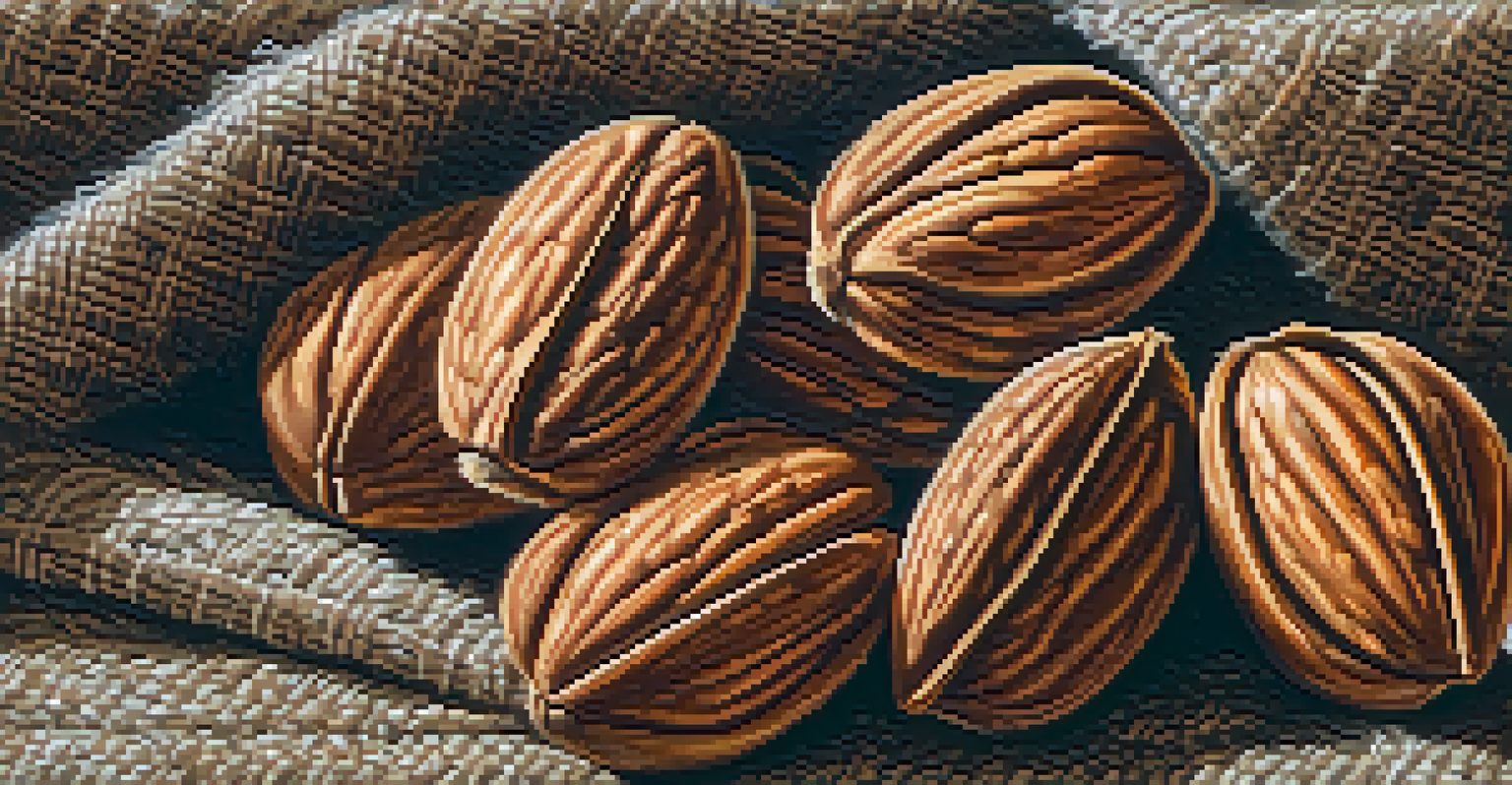 A close-up view of raw almonds and walnuts on burlap fabric, highlighting their textures and natural colors under soft lighting.