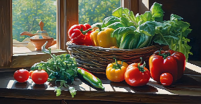 A still life of fresh raw fruits and vegetables on a wooden table, illuminated by soft natural light.