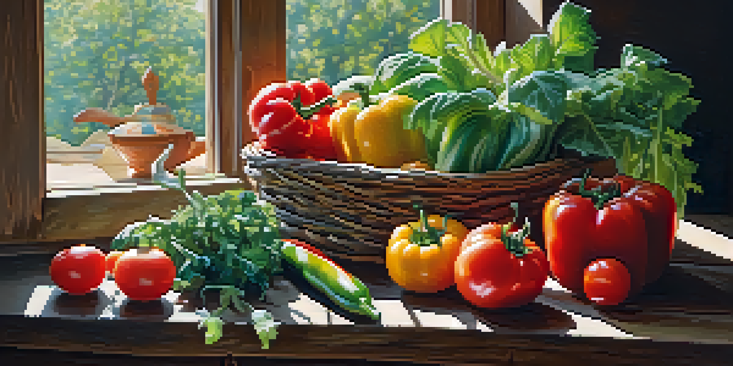 A still life of fresh raw fruits and vegetables on a wooden table, illuminated by soft natural light.