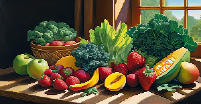 A beautifully arranged spread of colorful raw fruits and vegetables on a wooden table, illuminated by soft natural light.