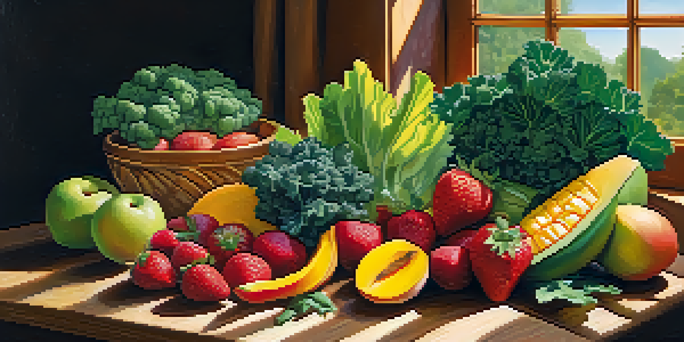 A beautifully arranged spread of colorful raw fruits and vegetables on a wooden table, illuminated by soft natural light.