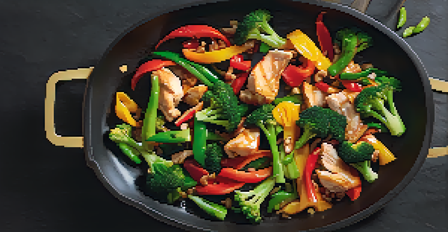 An overhead view of a stir-fry dish with colorful vegetables and chicken in a frying pan, with steam rising and chopsticks beside it.
