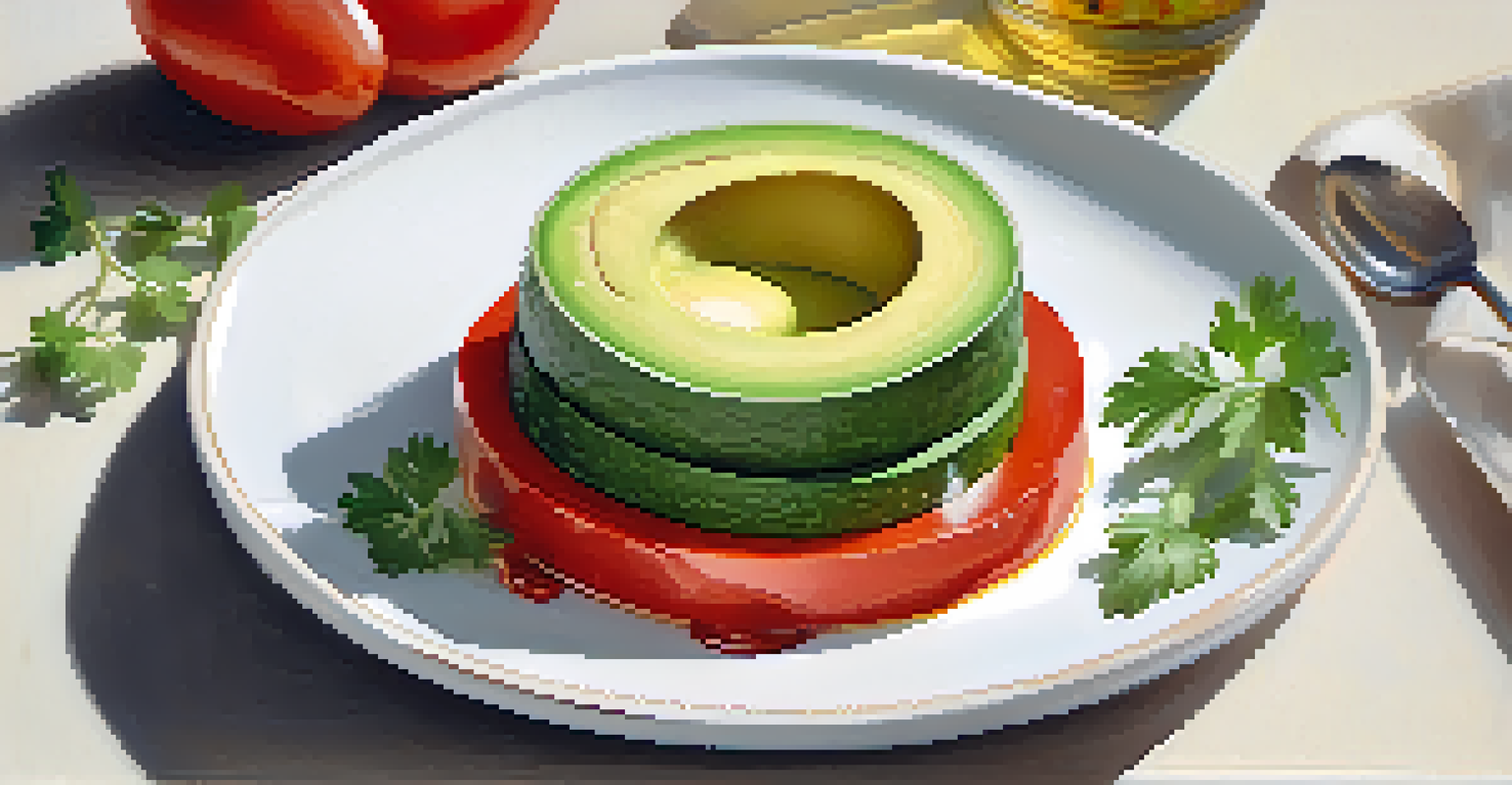 A close-up of stacked avocado and tomato slices, garnished with cilantro and chili oil on a white plate.