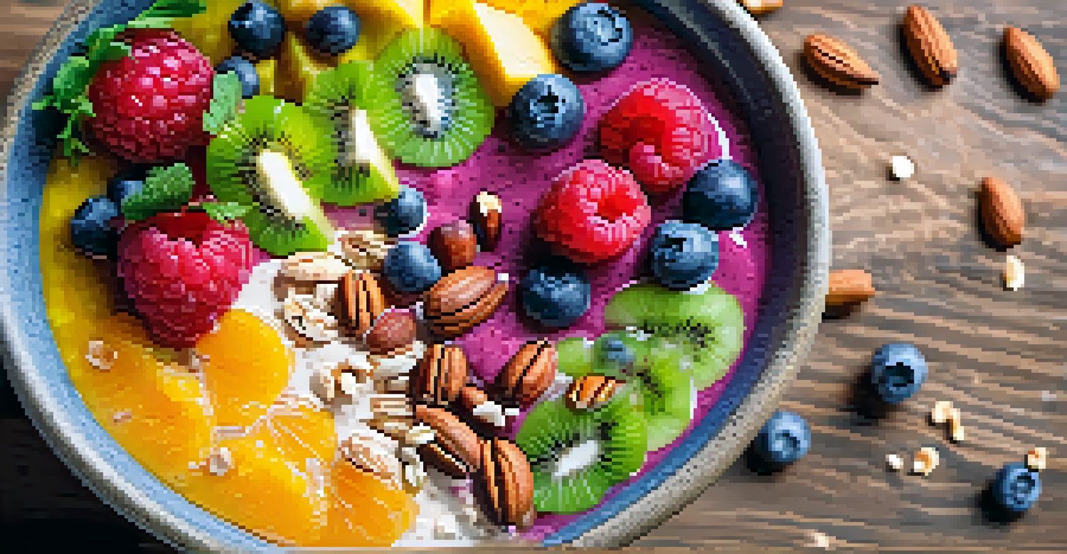 A smoothie bowl with fruits, nuts, and schisandra berries on a wooden table, showcasing bright colors.