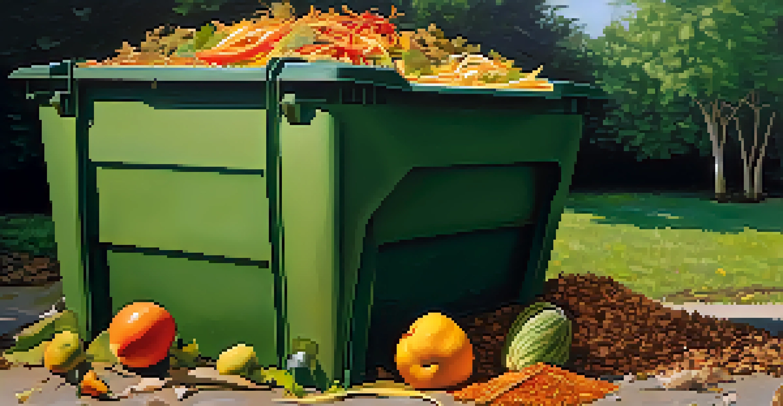 A close-up of a compost bin filled with organic waste, surrounded by thriving plants, symbolizing sustainability.
