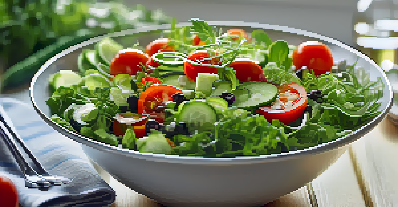A close-up view of a vibrant raw salad in a bowl, with mixed greens, cherry tomatoes, and cucumber slices, set against a blurred kitchen background.