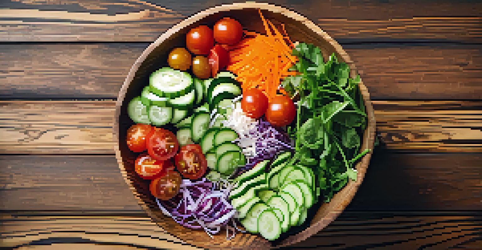 An overhead view of a vibrant raw salad bowl with cherry tomatoes, cucumbers, carrots, and greens on a wooden table, with vinaigrette drizzled on top.
