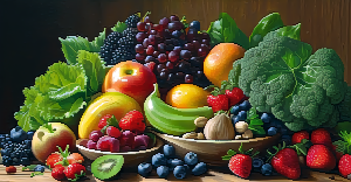 An artistic arrangement of colorful raw fruits and vegetables on a wooden table, illuminated by natural sunlight.