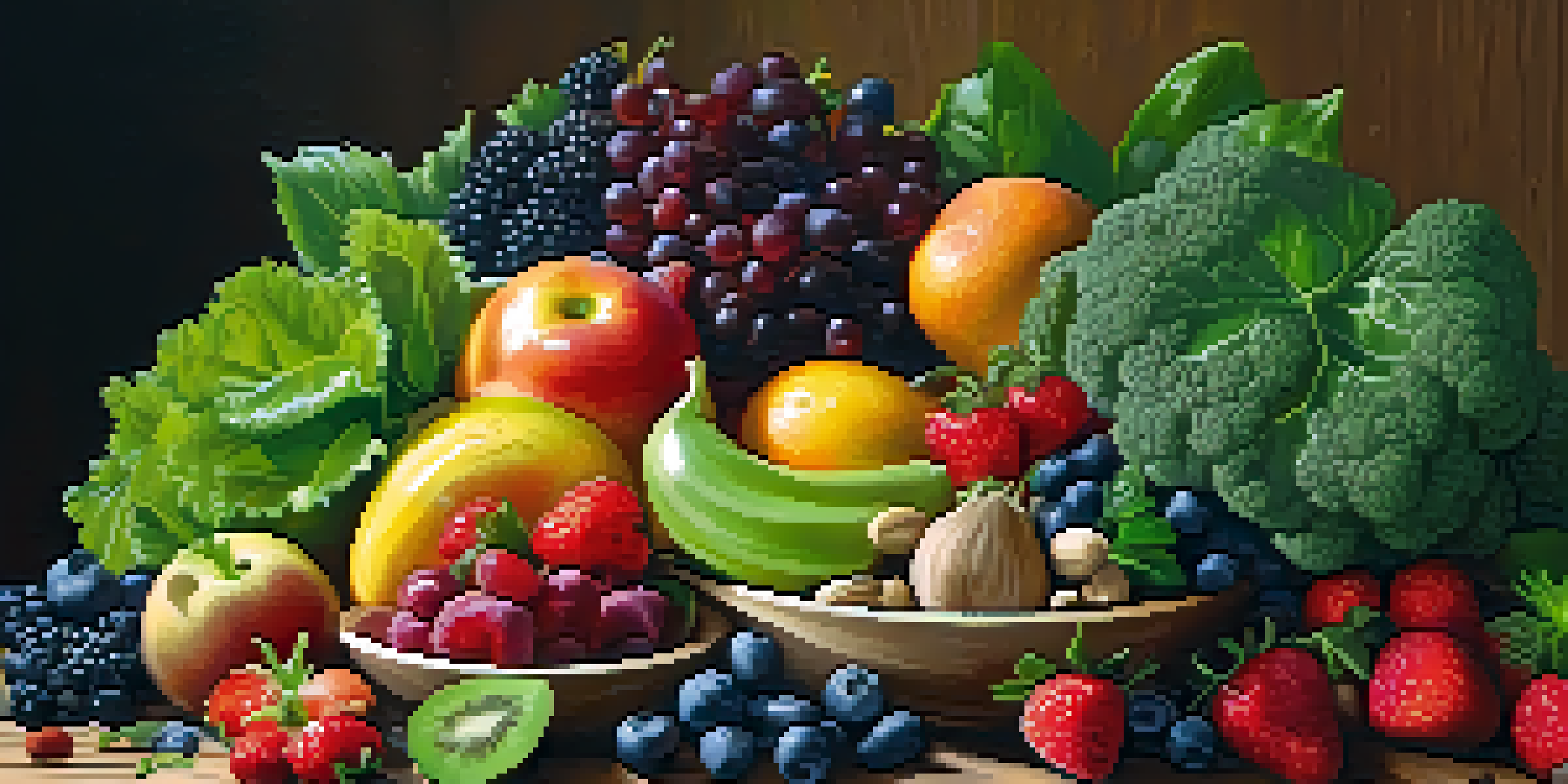 An artistic arrangement of colorful raw fruits and vegetables on a wooden table, illuminated by natural sunlight.