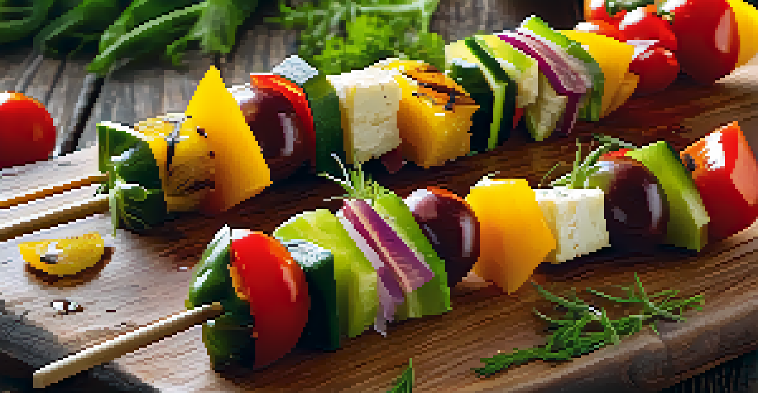Colorful fruit and vegetable kebabs with cherry tomatoes, bell peppers, and pineapple on a wooden skewer.