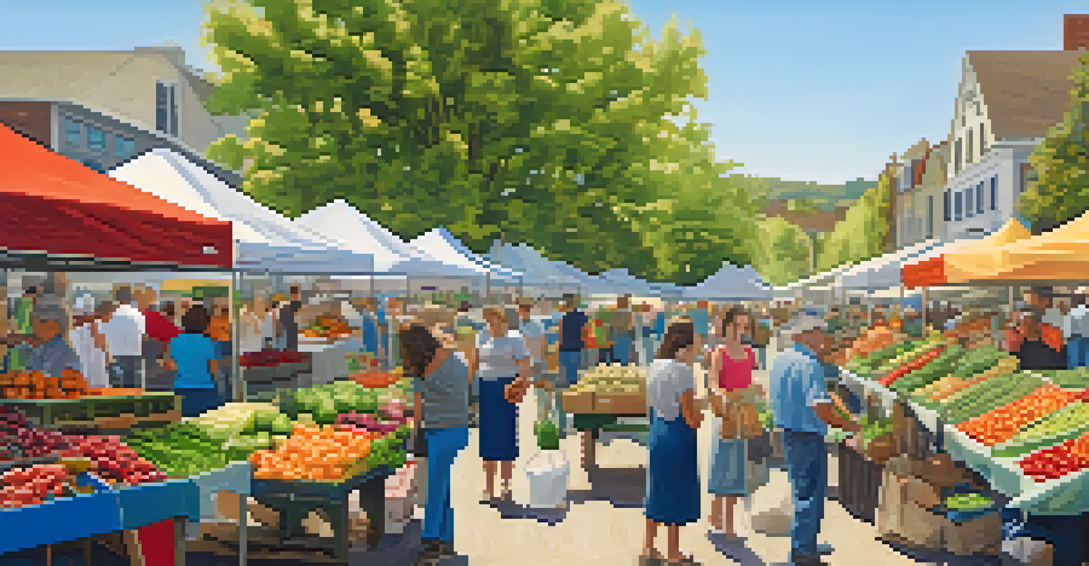 A lively farmer's market with stalls of colorful produce and flowers, and people engaging in shopping and conversation.