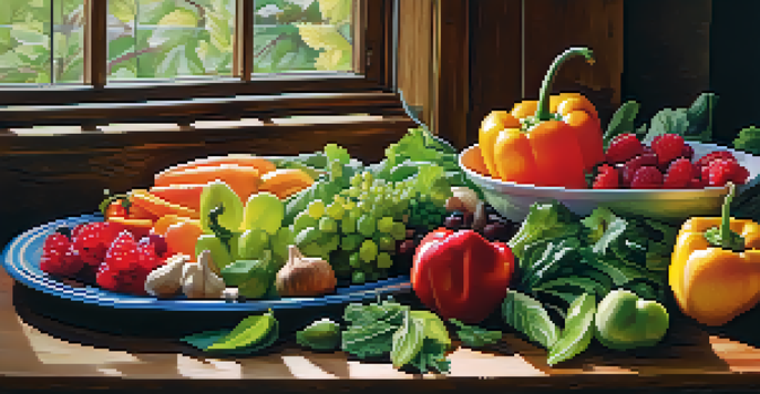 A colorful raw food platter with fruits and vegetables displayed on a wooden table, illuminated by soft natural light.