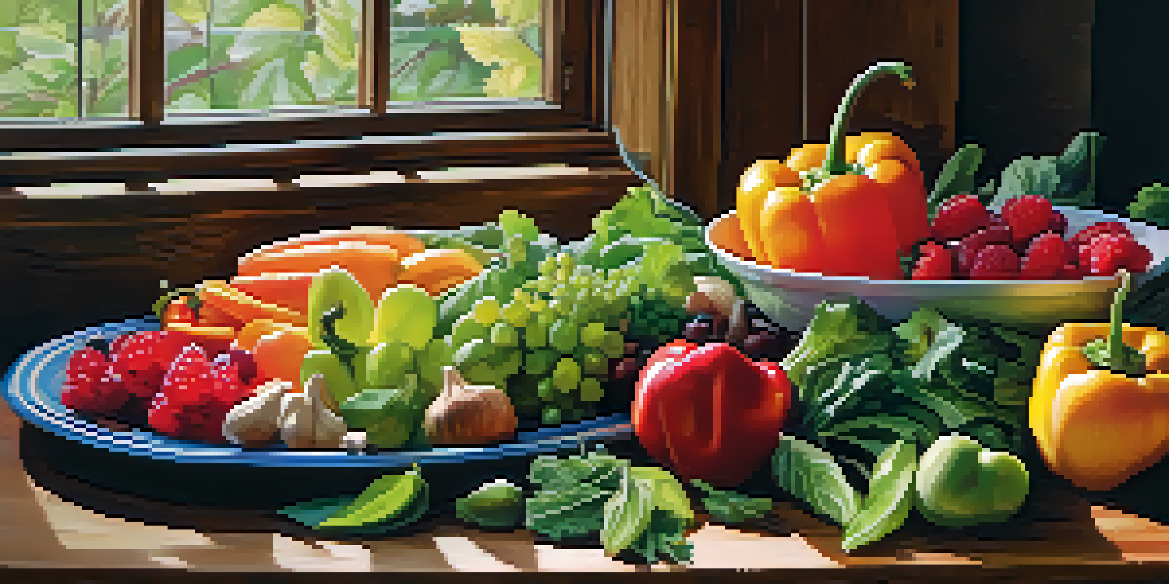 A colorful raw food platter with fruits and vegetables displayed on a wooden table, illuminated by soft natural light.