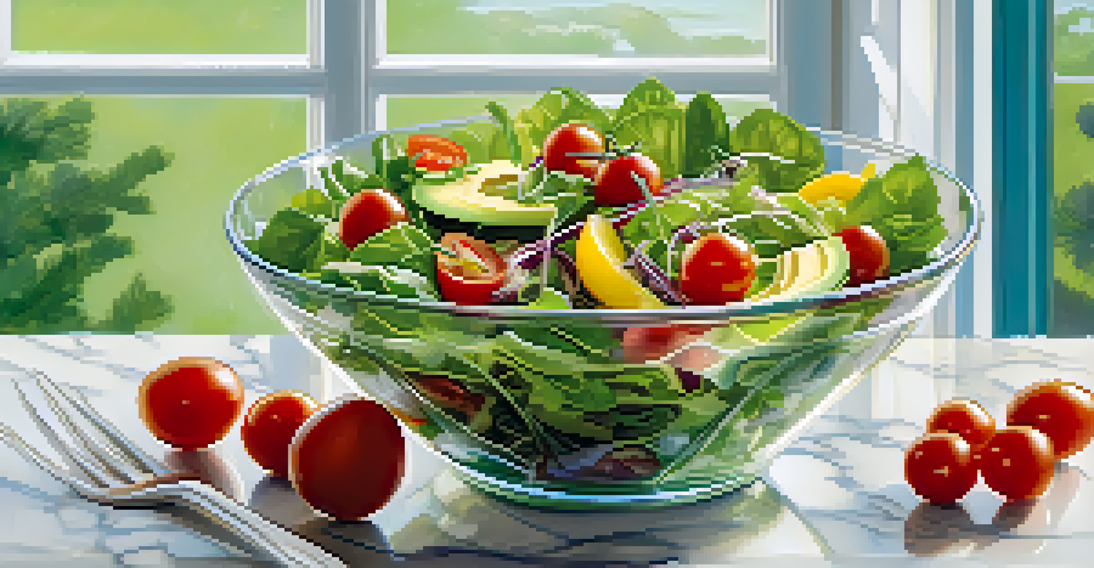 A clear glass bowl filled with a fresh salad of mixed greens, cherry tomatoes, and avocado, lightly dressed, set against a marble countertop with sunlight highlighting the colors.